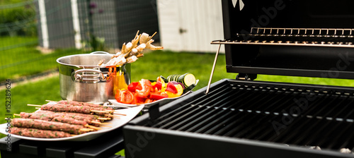 Barbecue grill party. Tasty Fresh food. Shrimps  spit and Beef rolls with bio young spices, chicken strips. bio vegetables photo