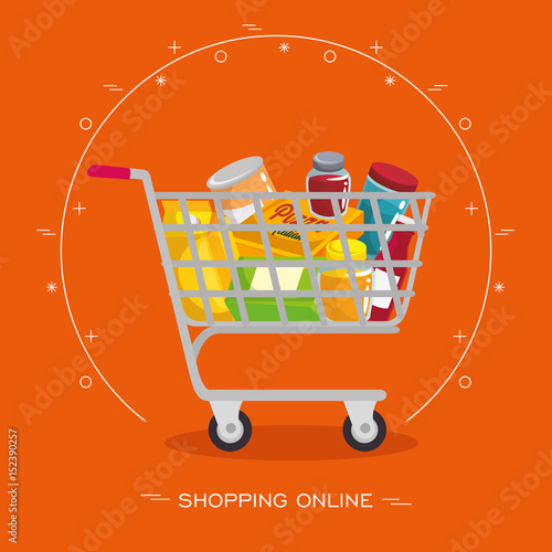 Shopping cart with food related objects over orange background. Vector illustration.