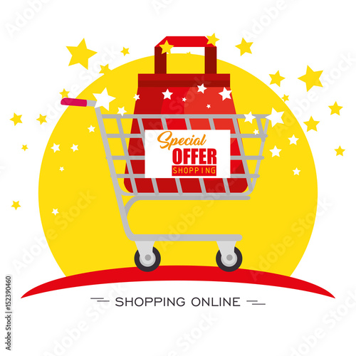 Shopping cart with bag inside and stars over white background. Vector illustration.