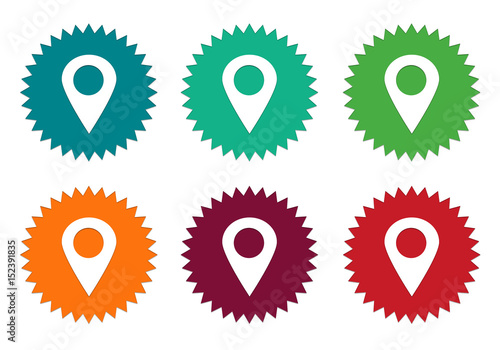 Set of colorful stickers icons with markers on maps in blue, green, orange, red and burgundy colors