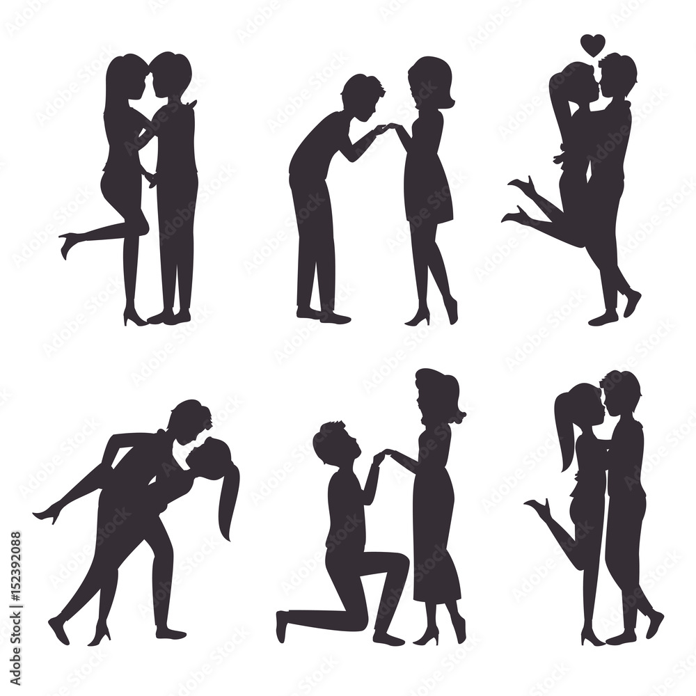 Romantic couple silhouettes set over white background. Vector illustration.