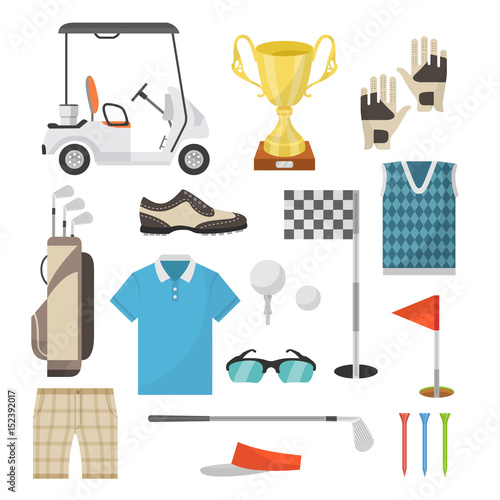 Icons of sports equipment for playing golf in a flat style