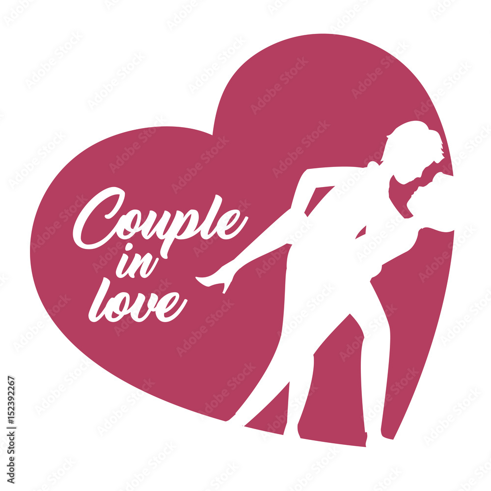 Couple leaning over for kiss silhouettes an heart over white background. Vector illustration.