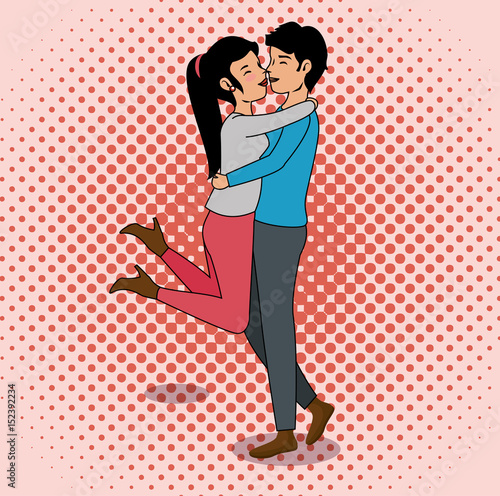 Boy picking  girl up for kiss  over pink dotted background. Vector illustration.