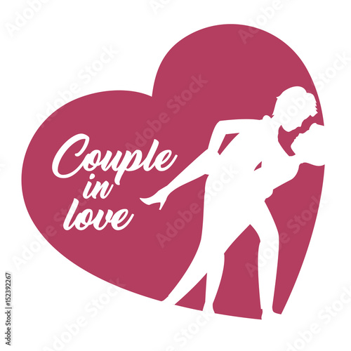 Couple leaning over for kiss silhouettes an heart over white background. Vector illustration.