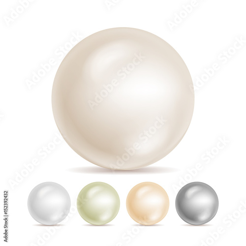 Realistic Pearls Isolated Vector. Set 3d Shiny Oyster Pearl Ball For Luxury Accessories. Sphere Shiny Sea Pearl Illustration