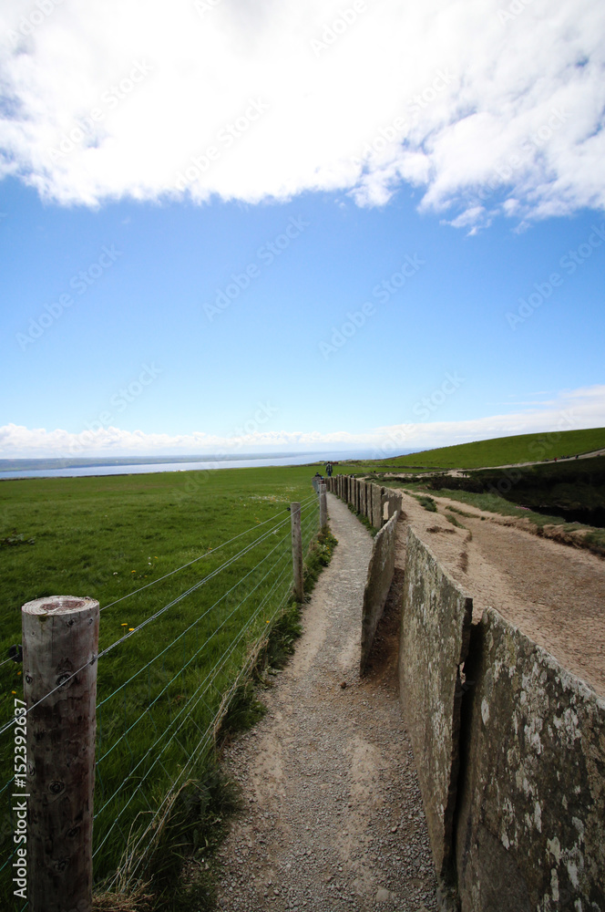 Dirt pathway with wire fence and stone wall in Ireland