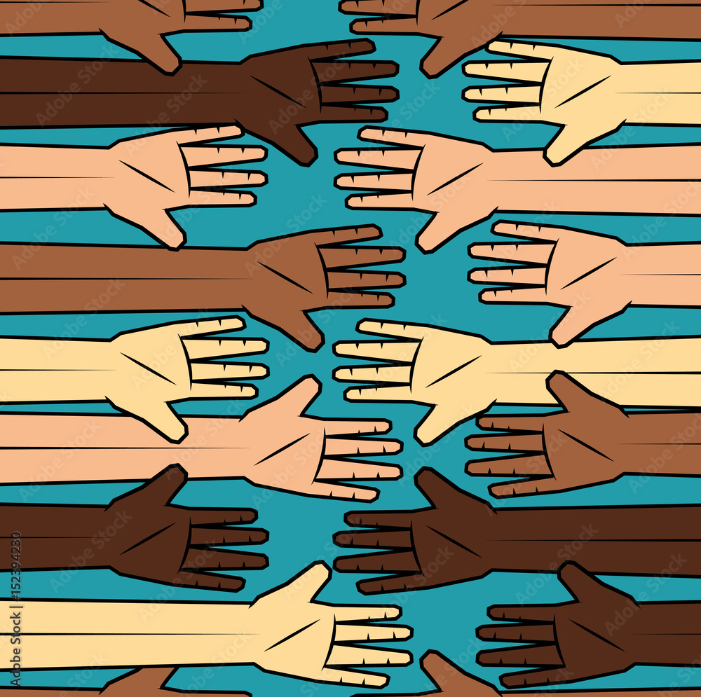 People of color and caucasian peoples hands over teal background. Vector illustration People of color and caucasian peoples hands over teal background. Vector illustration