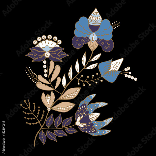 stock vector abstract hand draw flower and wave, doodle bouquet. oriental or arabic, russia art background. template for card. banner
