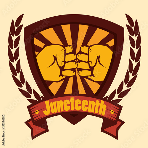 Hand drawns bumping fists shield with juneteenth sign and laurel wreaths over yellow background. Vector illustration.