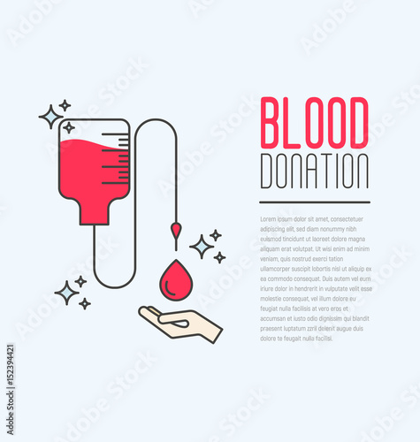 Donation blood concept with bag and drop falling in hand. World blood donor day. Thin line vector illustration.