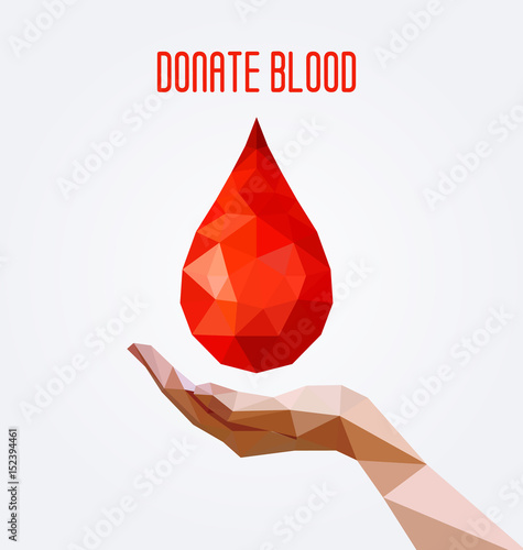 Polygonal blood drop and hand poster, blood donation concept.  Vector illustration.