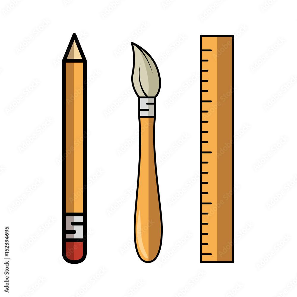Pencil, paintbrush and ruler over white background. Vector illustration. Pencil, paintbrush and ruler over white background. Vector illustration.