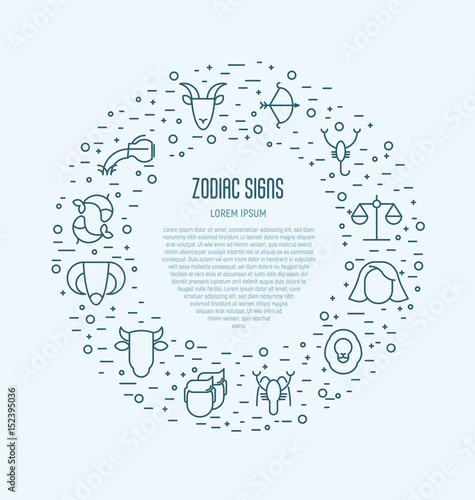 Set of zodiacal icons in circle for banner, web site or background. Vector illustration in thin line style for horoscope.
