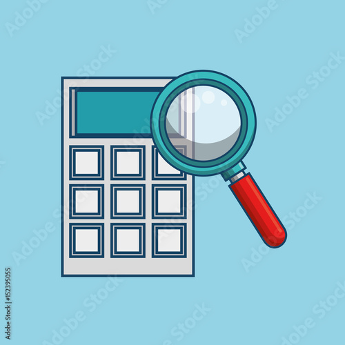 Magnifying glass and calculator over blue background. Vector illustration