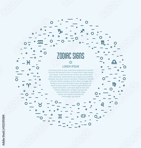Set of zodiacal icons in circle for banner, web site or background. Vector illustration in thin line style for horoscope.