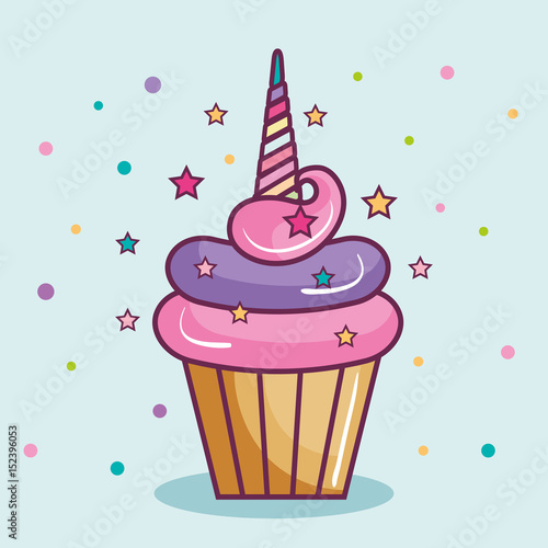 Colorful cupcake with horn over light blue background. Vector illustration.