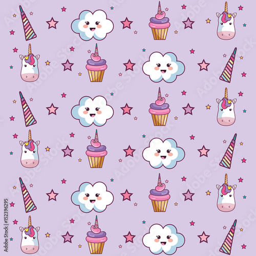 Kawaii pattern with clouds, stars, cupcakes and unicorns over purple background. Vector illustration.
