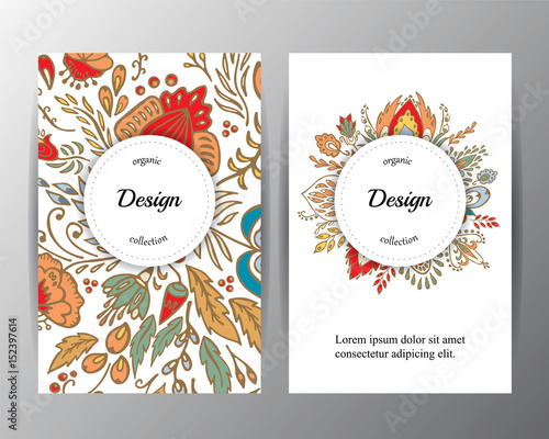 stock vector floral card design.doodle pattern with wreath flowers and leaf. russian or orient style