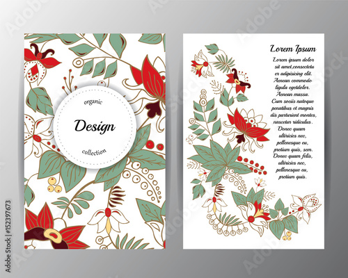 stock vector floral card design.doodle pattern with wreath flowers and leaf. russian or orient style