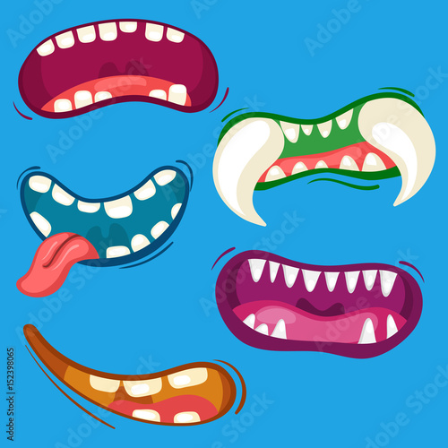 Cartoon cute monster mouths set with different emotional expressions. Teeth, tongue, mouth collection. Halloween vector illustration