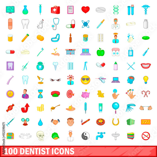 100 dentist icons set, cartoon style
