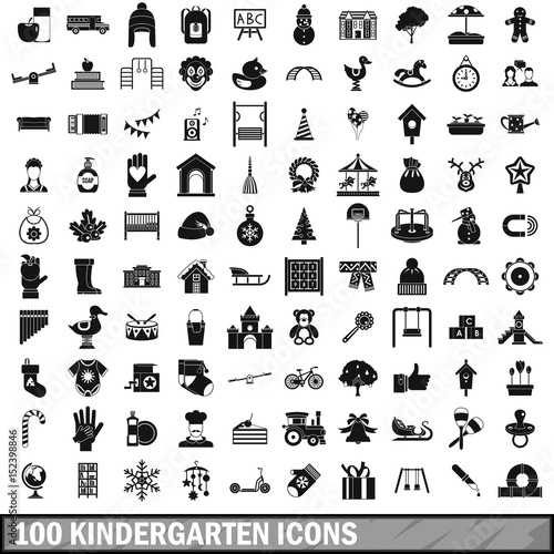 100 kindergarten icons set, simple style 