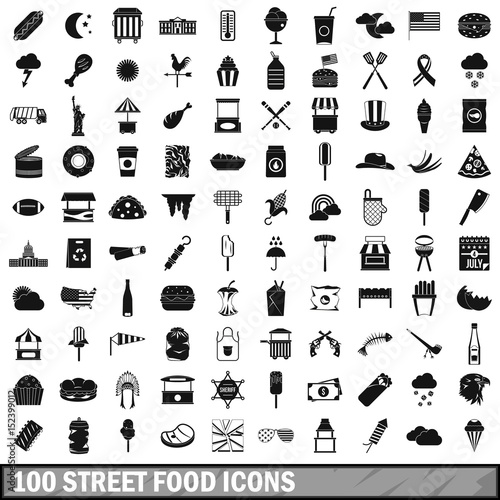 100 street food icons set, simple style 