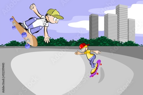 Teenage boy practicing extreme skateboarding in the city