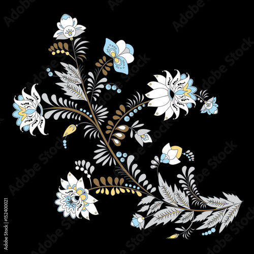 stock vector abstract hand draw flower and wave, doodle bouquet. oriental or arabic, russia art background. template for card. banner