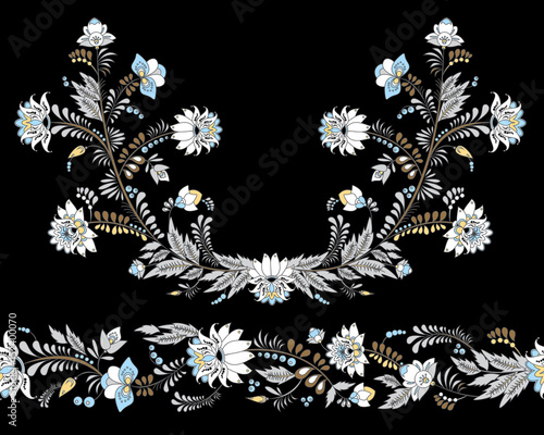stock vector flowers and leaf ornament. oriental or russian pattern.necklace embroidery design