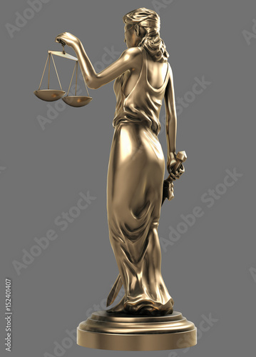 golden Themis goddess of justice with isolated gray background, 3d rendering