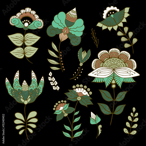  hand drawn abstract botanical vector illustration with flowers and  leaves. Isolated on black background.