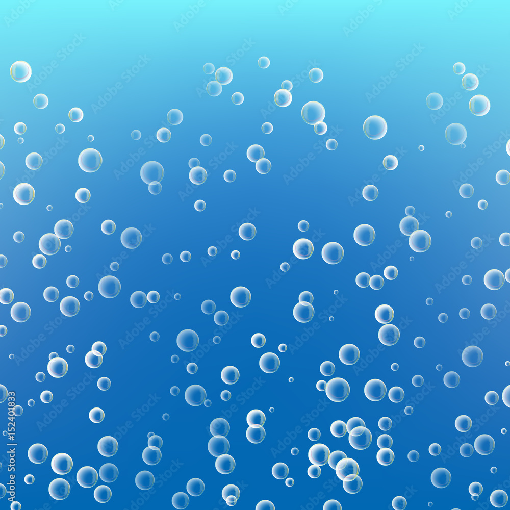 Water With Bubbles On Blue Ocean Background. Clear Soapy Shiny. Vector Illustration