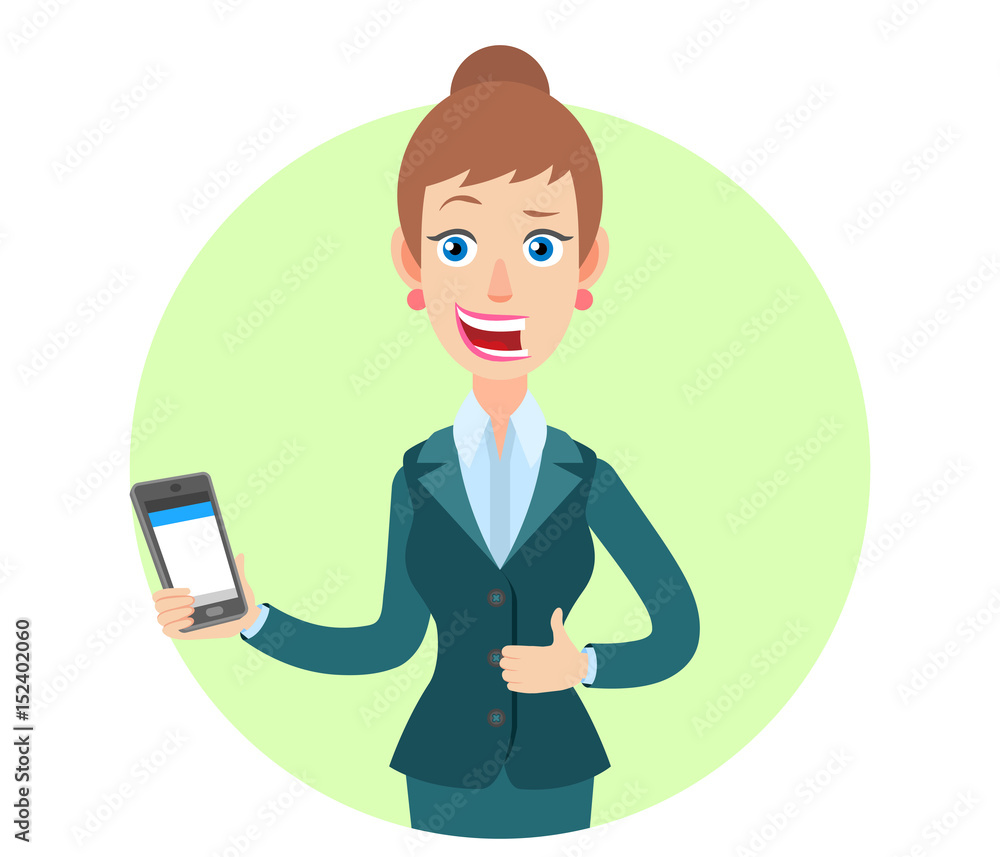 Businesswoman holding mobile phone and showing thumb up