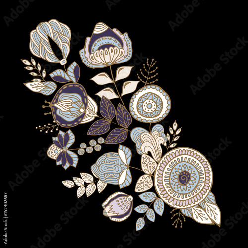 stock vector abstract hand draw flower and wave, doodle bouquet. oriental or arabic, russia art background. template for card. banner