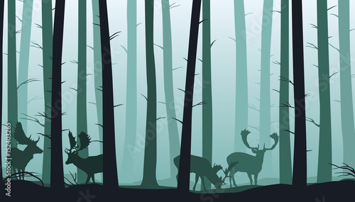 Forest landscape with silhouettes of trees and fallow deers - vector illustration