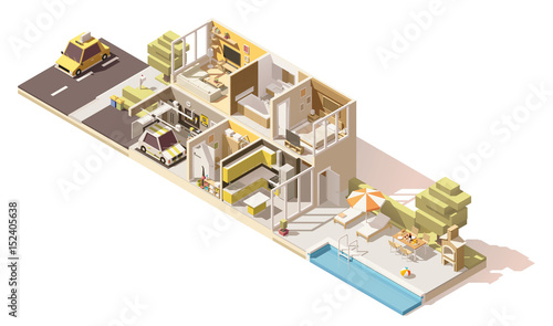 Vector isometric low poly house cross-section