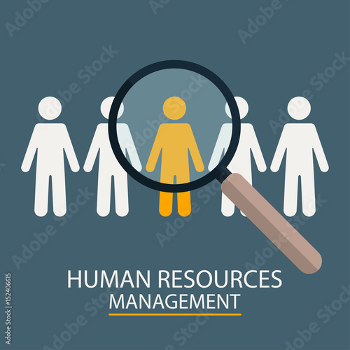 Human Resources Management. Candidate selection illustration. Magnifier with people silhouettes. Vector