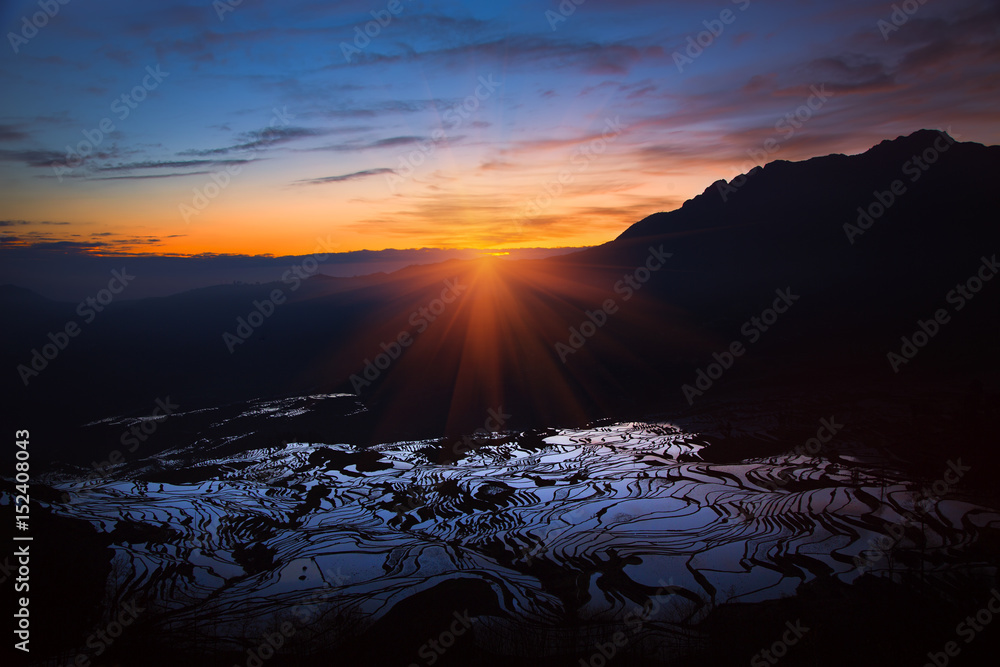 Landscape with sunrise with rice terraced in Yunnan China