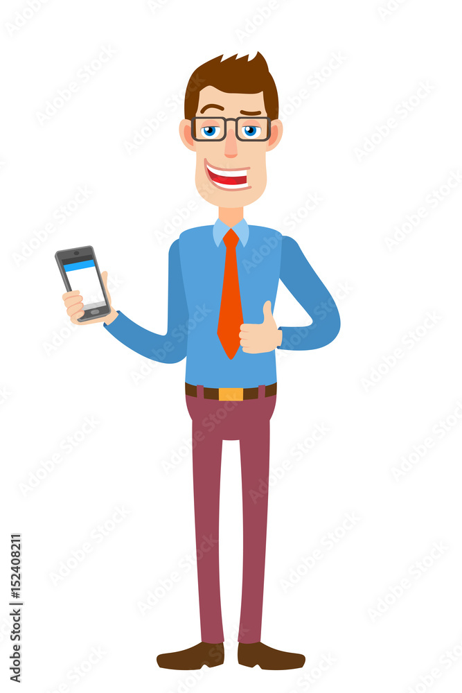 Businessman holding mobile phone and showing thumb up