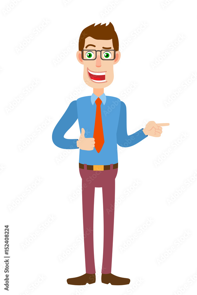 Businessman showing thumb up and pointing something beside of him. Businessman showing thumb up and pointing something beside of him.
