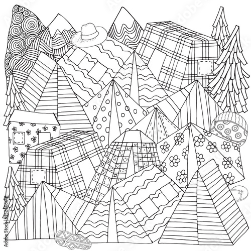 Pattern for coloring book with tents, mountains, parking of tourists. Camping illustration, Outdoor recreation, Hiking,