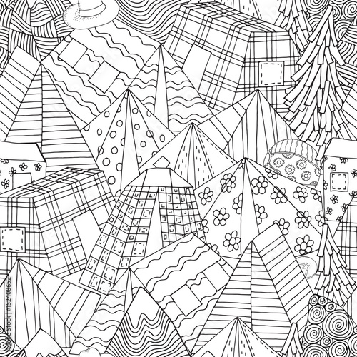 Seamless Pattern for coloring book with tents, mountains, parking of tourists. Camping illustration, Outdoor recreation, Hiking,