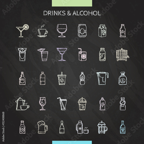 Drinks chalk icons set
