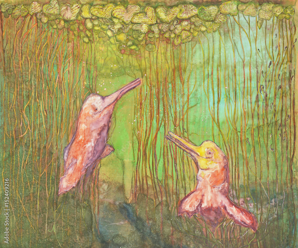 Obraz premium Amazon river dolphins, the boto, play hide-and-seek among stalks of Victoria water lilies in underwater gardens of the Amazon River. A hand drawn watercolor image