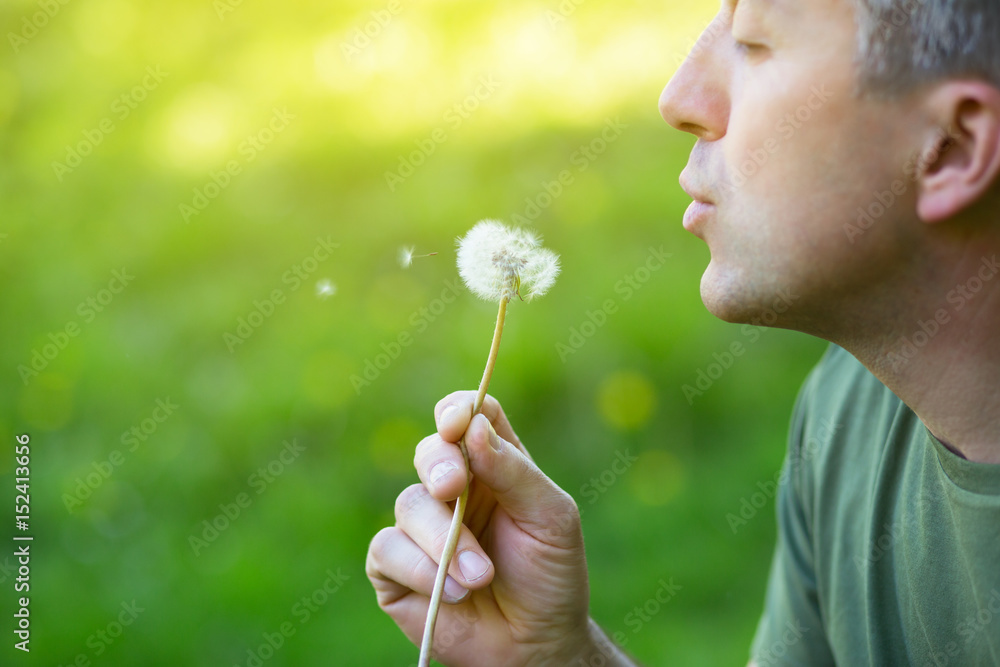 Man blowing dandelion over blured green grass, summer nature outdoor Man blowing dandelion over blured green grass, summer nature outdoor