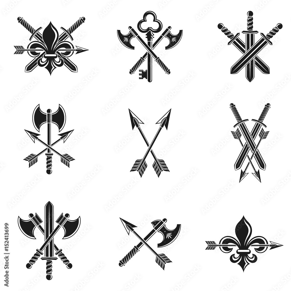 Vintage Weapon Emblems set. Heraldic coat of arms decorative emblems collection.