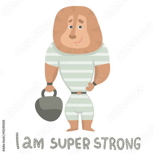 Cute lion strongman holds a weight cartoon hand drawn vector illustration. Cartoon Lion character isolated. Can be used for baby fashion print design, kids wear, poster, greeting and invitation card.