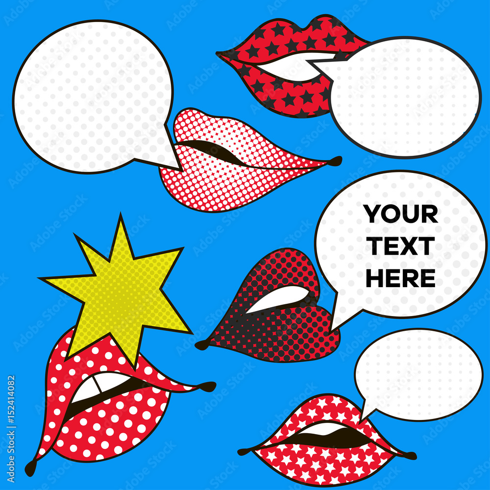 Mouth with speech bubbles in pop art style. Set of lips in comic style with text place. Vector illustration.